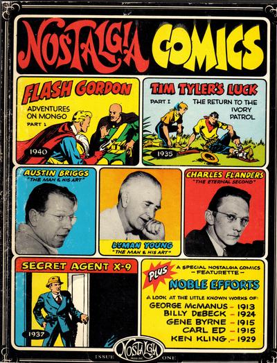 Panels from Flash Gordon, Tim Tyler and Secret Agent X-9 interspersed with three profile shots of Austin Briggs, Lyman Young and Charles Flanders